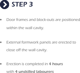 STEP 3 •	Door frames and block-outs are positioned within the wall cavity.  •	External formwork panels are erected to  close off the wall cavity.  •	Erection is completed in 4 hours  with 4 unskilled labourers
